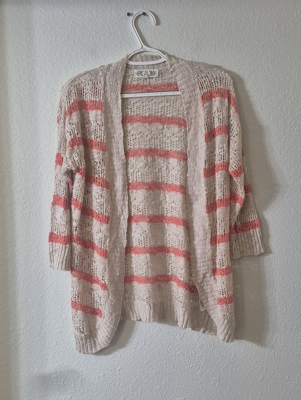 Pink Rose Open-Front Beige Cardigan with Coral Stripes